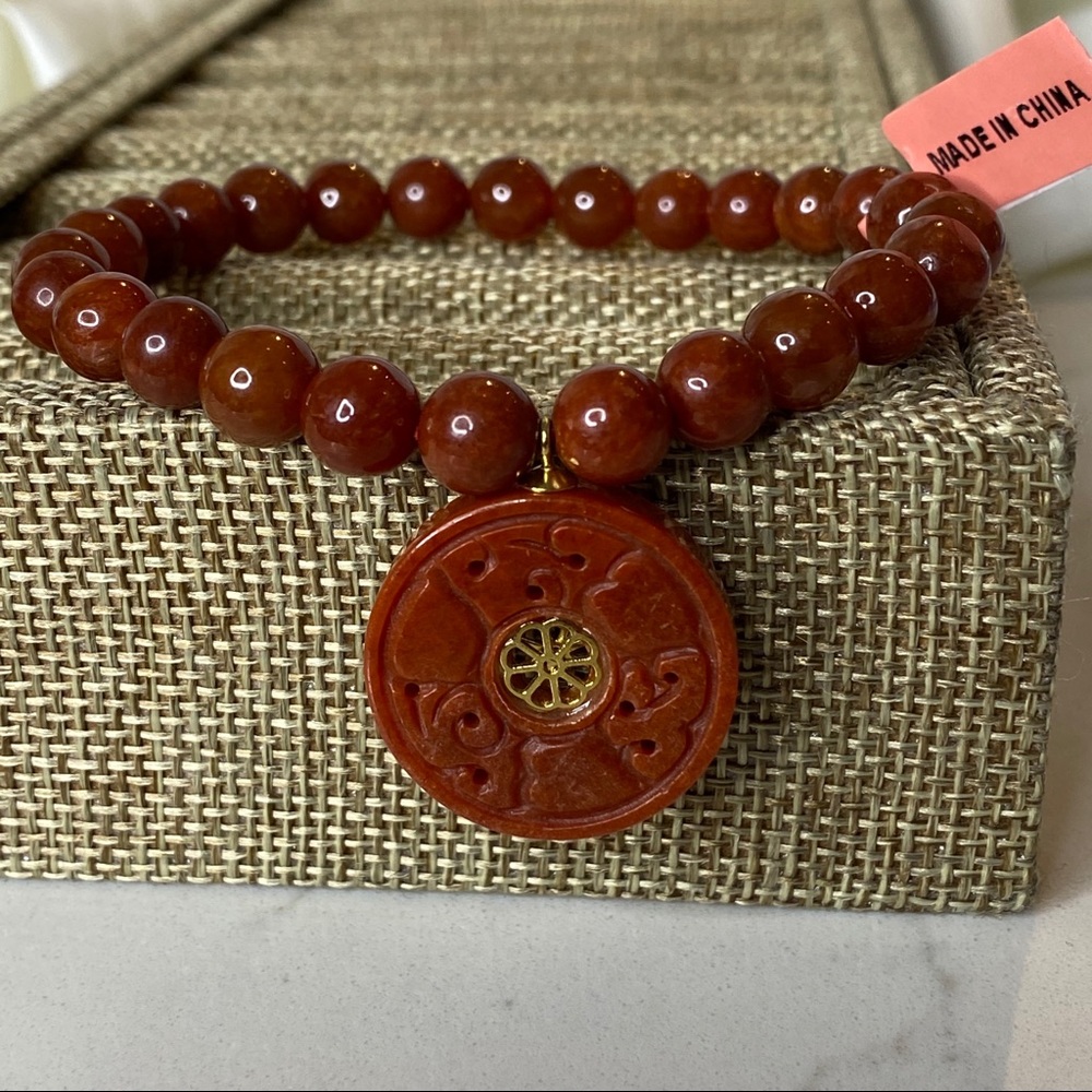 Burmese Red Jade Stretch Bracelet with Charm